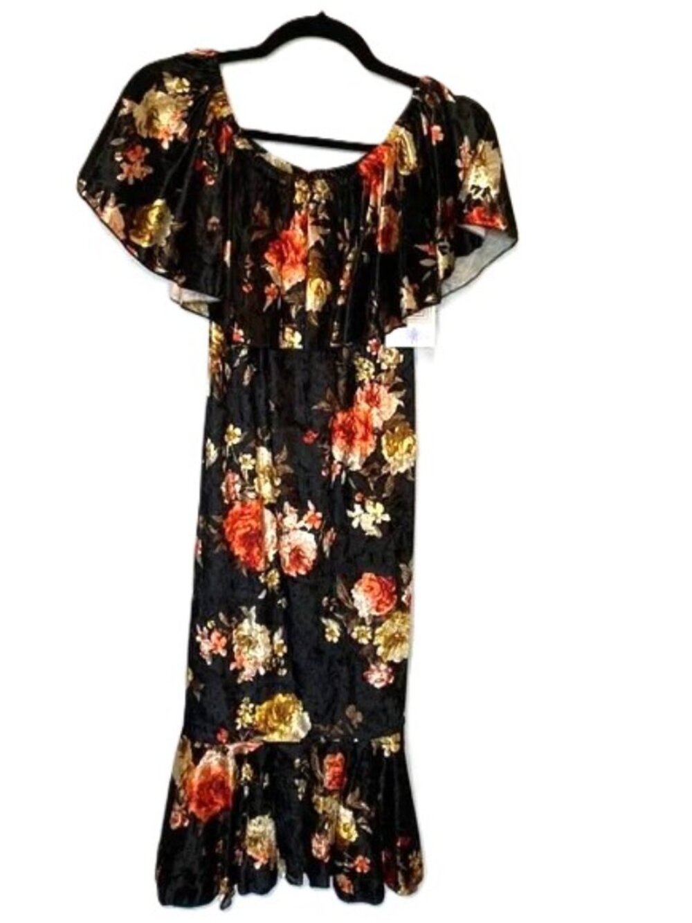 LuLaroe Cici Dress Medium Fishtail Midi‎ Mermaid Ruffles Roses Velvet Boho